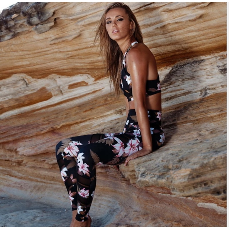 Women's Sports Yoga Sporty Legging Floral See Through Patchwork Print Mid Waist Black S M L / Stretchy / Skinny2