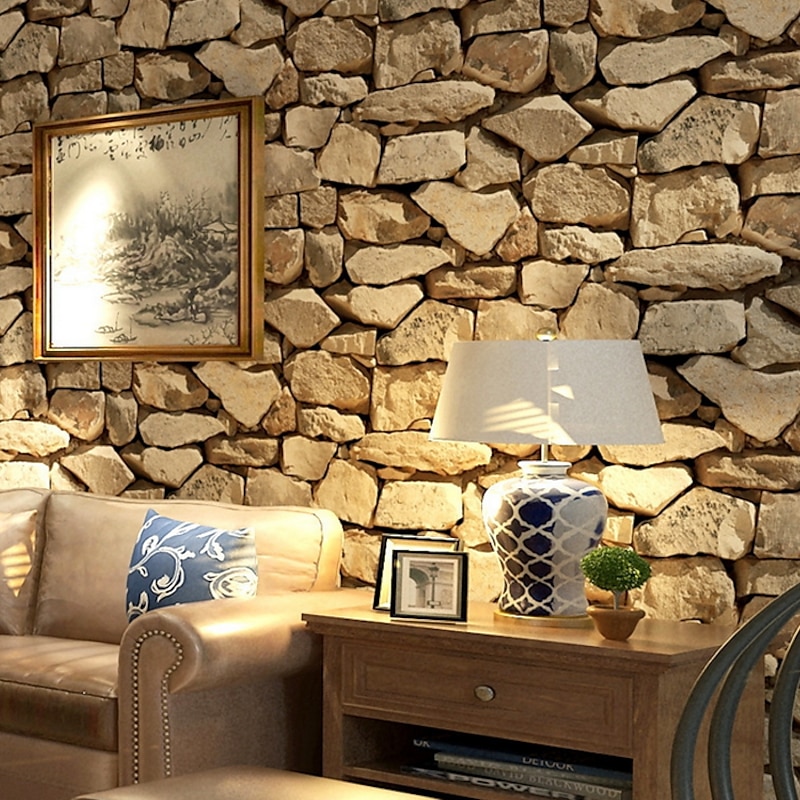Cool Wallpapers Wall Mural Brick Wallpaper Brown 3D Rock Stone Wall Covering Adhesive Required PVC Home Décor 1000*53 cm3