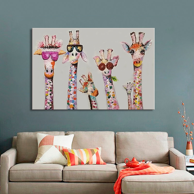 Nursery Oil Painting Handmade Hand Painted Wall Art Cartoon Colorful Giraffe Animal Home Decoration Décor Rolled Canvas No Frame Unstretched