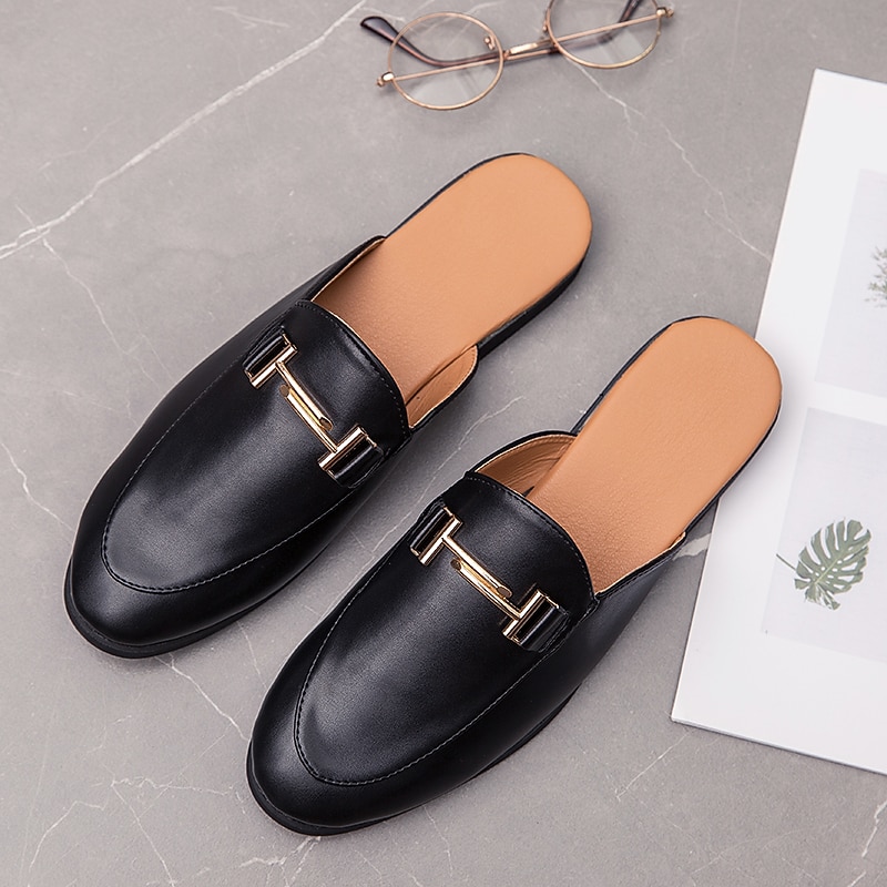 Men's Black Faux Leather Slip-On Mules with Metal Buckle, Minimalist Backless Loafers for Office, Casual Outfits, and Daily Wear3