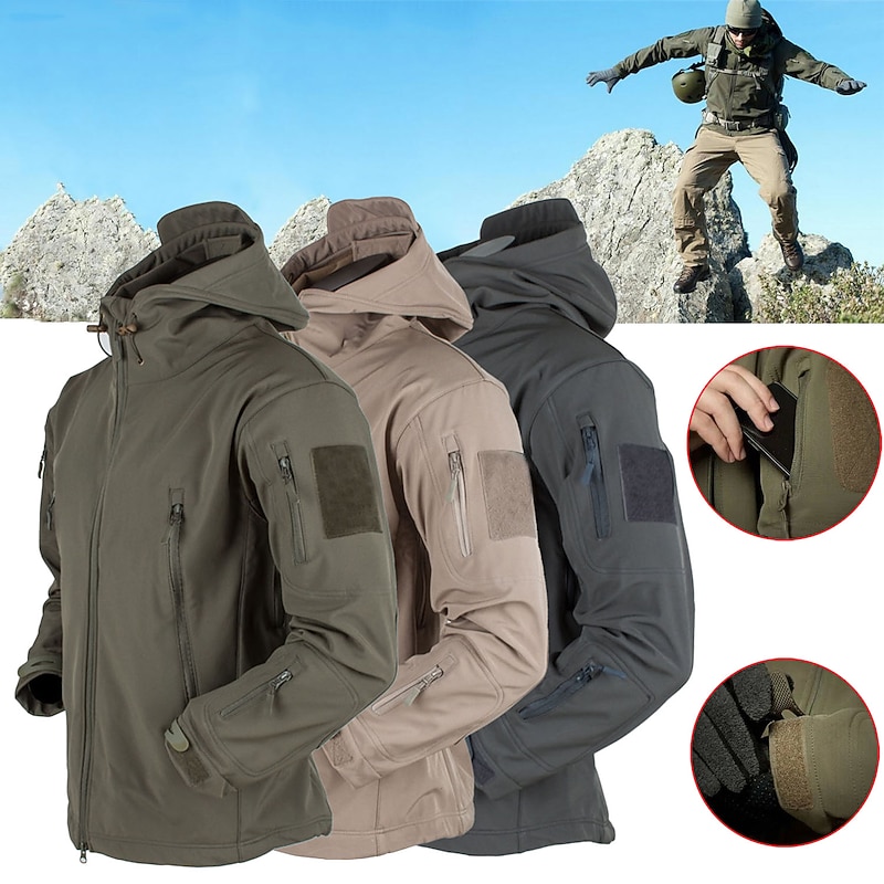 Men's Special Ops Military Tactical Soft Shell Jacket Coat Hunting Fleece Hooded Coat Outdoor Thermal Warm Waterproof Windproof Fleece Lined Lightweight Winter Trench Coat Top Camping Fishing
