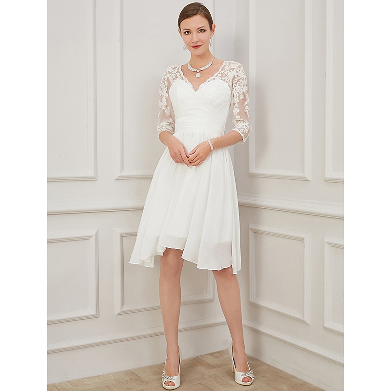 Reception Little White Dress Bridal Shower Dresses Wedding Dresses A-Line V Neck Half Sleeve Knee Length Chiffon Bridal Gowns With Draping Appliques4