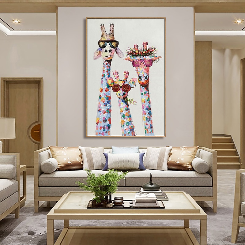 Nursery Oil Painting Handmade Hand Painted Wall Art Colorful Cartoon Giraffe Animal Home Decoration Décor Stretched Frame Ready to Hang 8