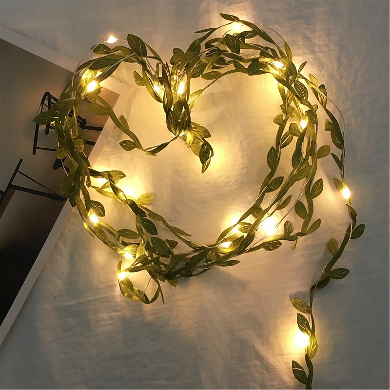 Elegant Wedding Reception Party 5M 50 LED Green Leaves Garland Fairy Lights, Battery-Powered Copper Wire String Lights for Wedding, Forest Table, Christmas & Home Decor3