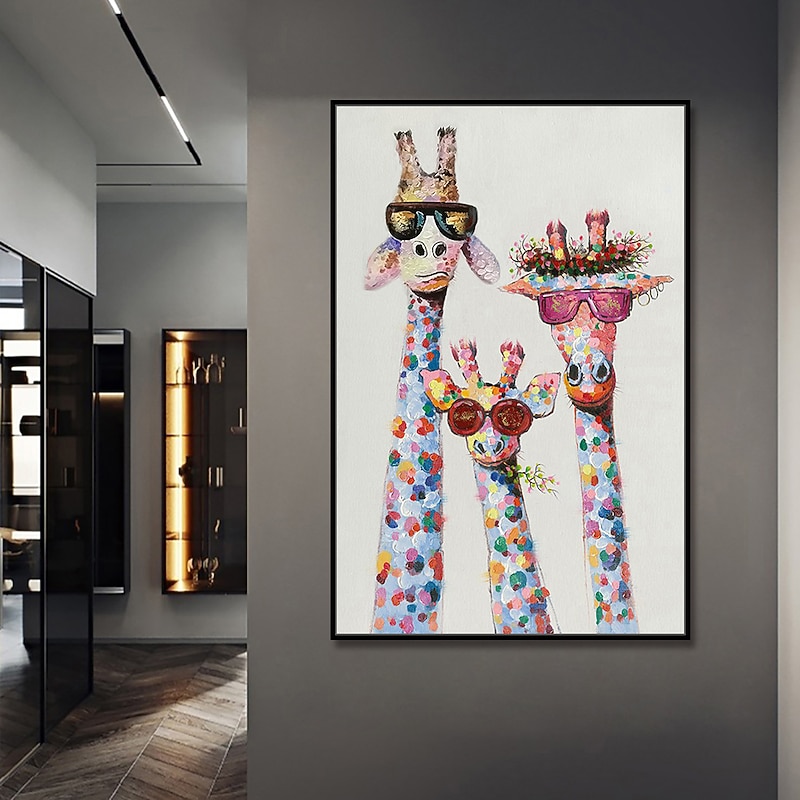Nursery Oil Painting Handmade Hand Painted Wall Art Colorful Cartoon Giraffe Animal Home Decoration Décor Stretched Frame Ready to Hang 7