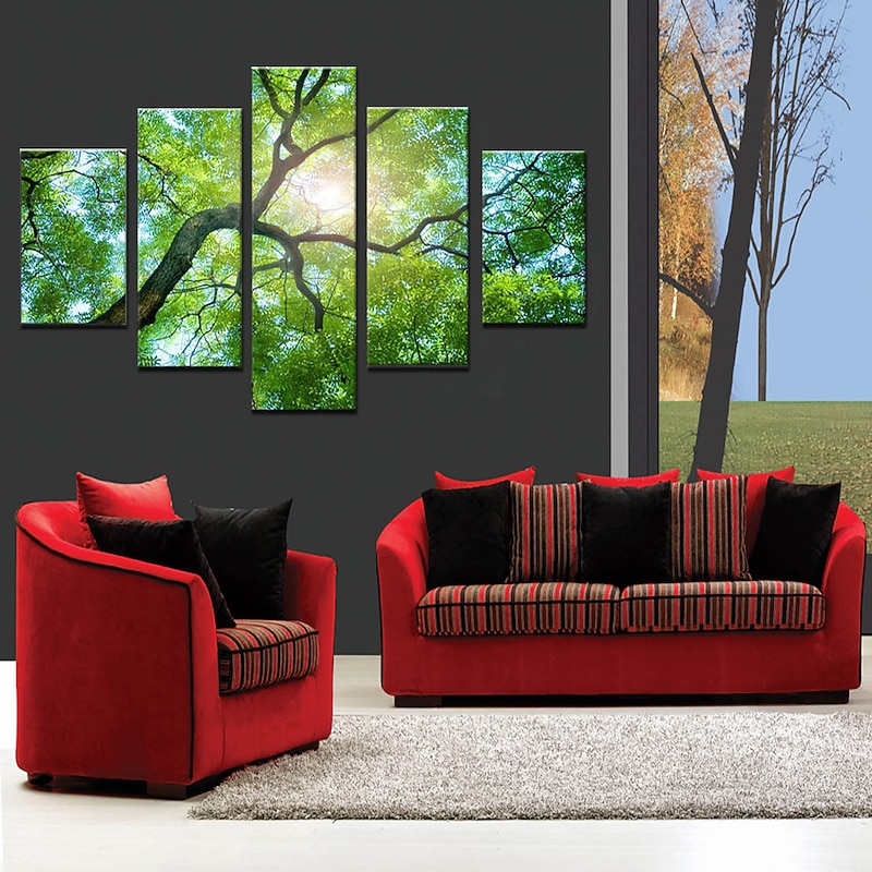 5 Panels Wall Art Canvas Prints Posters Painting Artwork Picture Green Forest Sun Modern Home Decoration Décor Rolled Canvas With Stretched Frame3