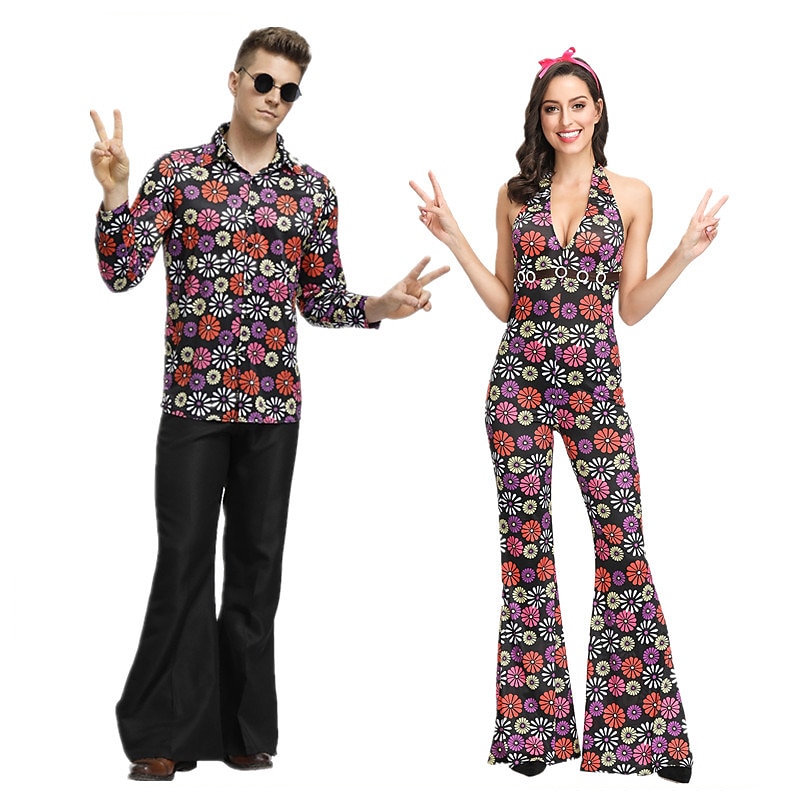 Retro Vintage Hippie 1970s Cosplay Costume Outfits Dude Hippie Disco Retro Deep V Fancy Dress Couple's Men's Women's Halloween Carnival Masquerade Pride Parade Pride Month Adults' Fall Spring & Summer
