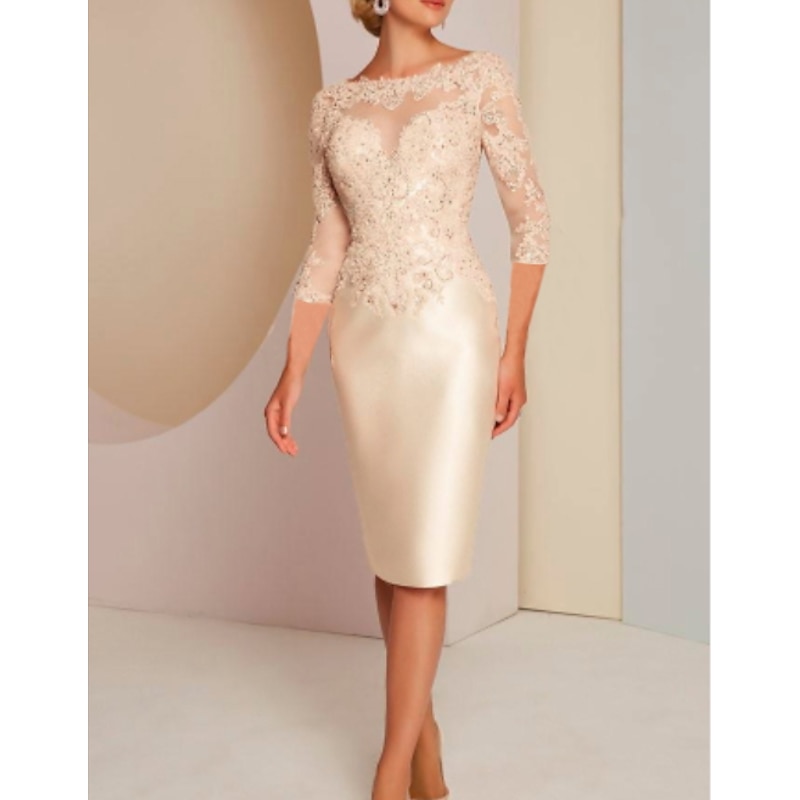 Sheath Mother of the Bride Dress Wedding Guest Elegant Jewel Neck Knee Length Charmeuse 3/4 Length Sleeve with Appliques Race Day Dress