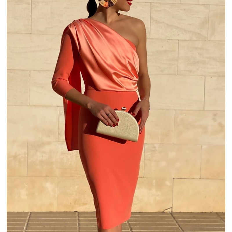 Sheath Cocktail Dresses Elegant Dress Wedding Guest Cocktail Party Knee Length 3/4 Length Sleeve One Shoulder Stretch Fabric with Draping Dresses