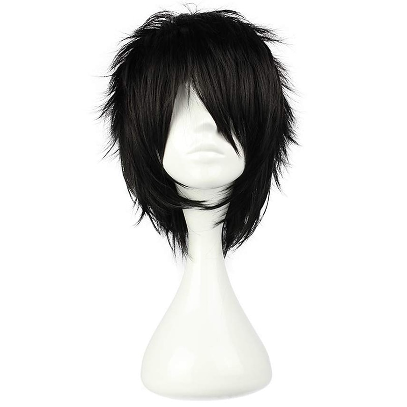 Black Wigs for Men Cosplay  Wig Synthetic Wig Curly Asymmetrical Wig Short Black Synthetic Hair 12 Inch Men's Fluffy Black Halloween Wigs4