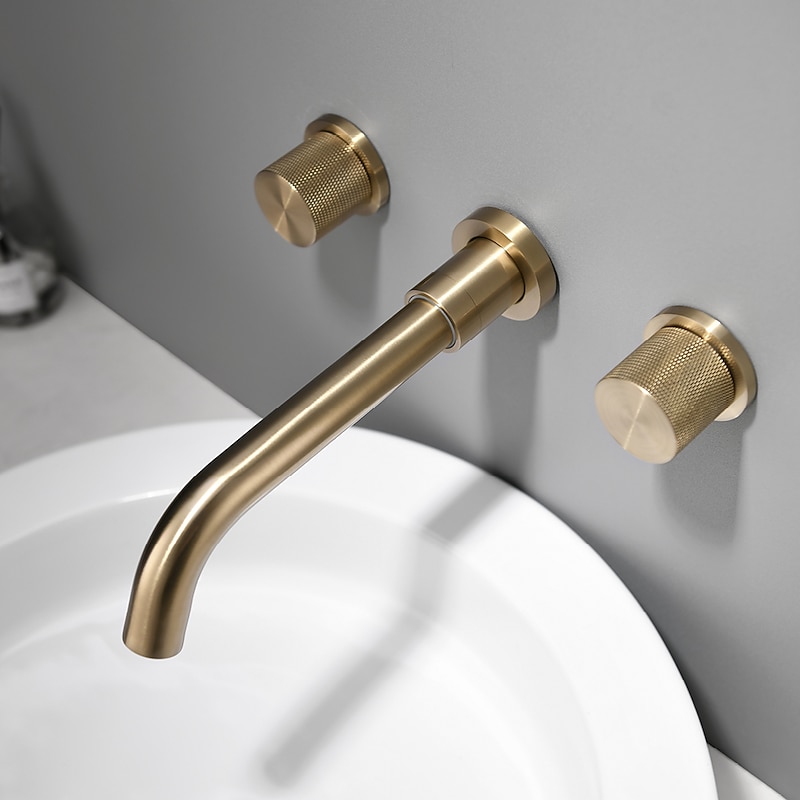 Bathroom Sink Faucet,Wall Mounted Brass Luxury Brushed Gold Finish Widespread Washroom Faucet Two Handles Three Holes Basin Sink Mixer Tap with Hot and Cold Switch2