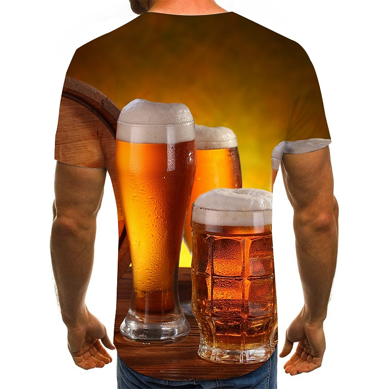 Men's Color Block 3D Beer Shirt T Shirt Short Sleeve T shirt Round Neck Shirt Basic Going out Weekend Yellow Dark Green Green Clothing Apparel Plus Size S M L XL 2XL 3XL 4XL2