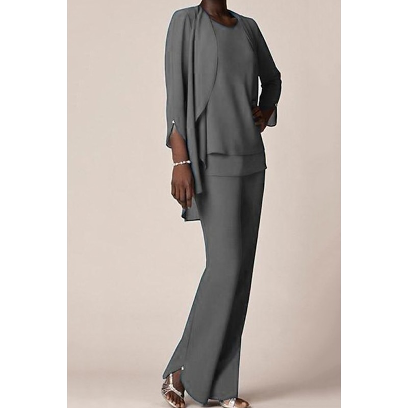 3 piece Pantsuit Mother of the Bride Wedding Guest Elegant V Neck Floor Length Chiffon 3/4 Length Sleeve with Ruffles2