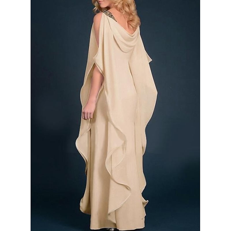 Beach Wedding Sheath Mother of the Bride Dress Wedding Guest Elegant Plus Size Jewel Neck Floor Length Chiffon Half Sleeve with Beading Cascading Ruffles2