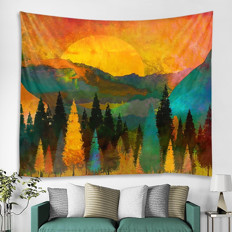 Mountain Sunrise Wall Tapestry Art Decor Blanket Curtain Picnic Tablecloth Hanging Home Bedroom Living Room Dorm Decoration Landscape Golden Sunset Forest Ink2