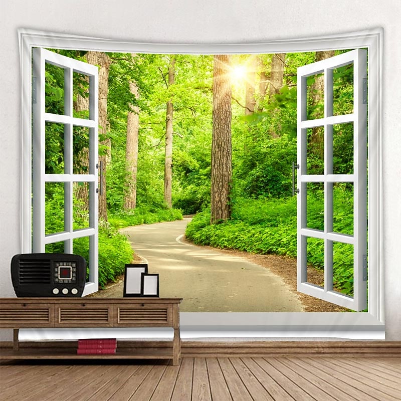 Window Landscape Wall Tapestry Art Decor Blanket Curtain Picnic Tablecloth Hanging Home Bedroom Living Room Dorm Decoration Polyester Forest4