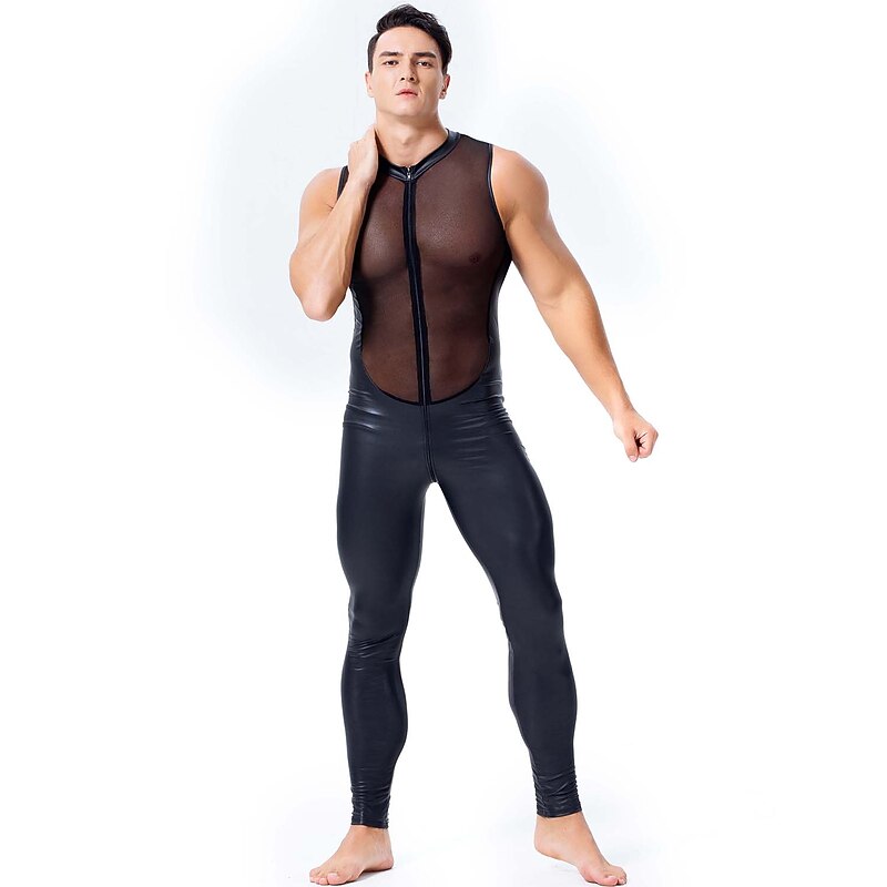 Dance Costumes Leotard / Onesie Split Joint Full Length Visible Zipper Men's Performance Theme Party Sleeveless Natural PU Mesh Sexy Perspective2