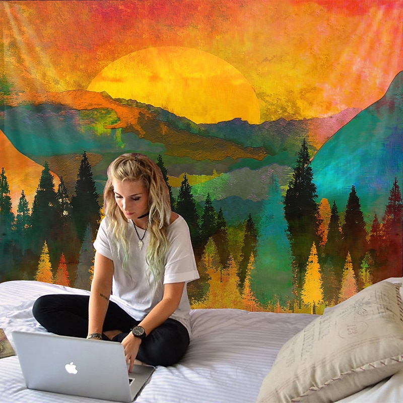 Mountain Sunrise Wall Tapestry Art Decor Blanket Curtain Picnic Tablecloth Hanging Home Bedroom Living Room Dorm Decoration Landscape Golden Sunset Forest Ink4