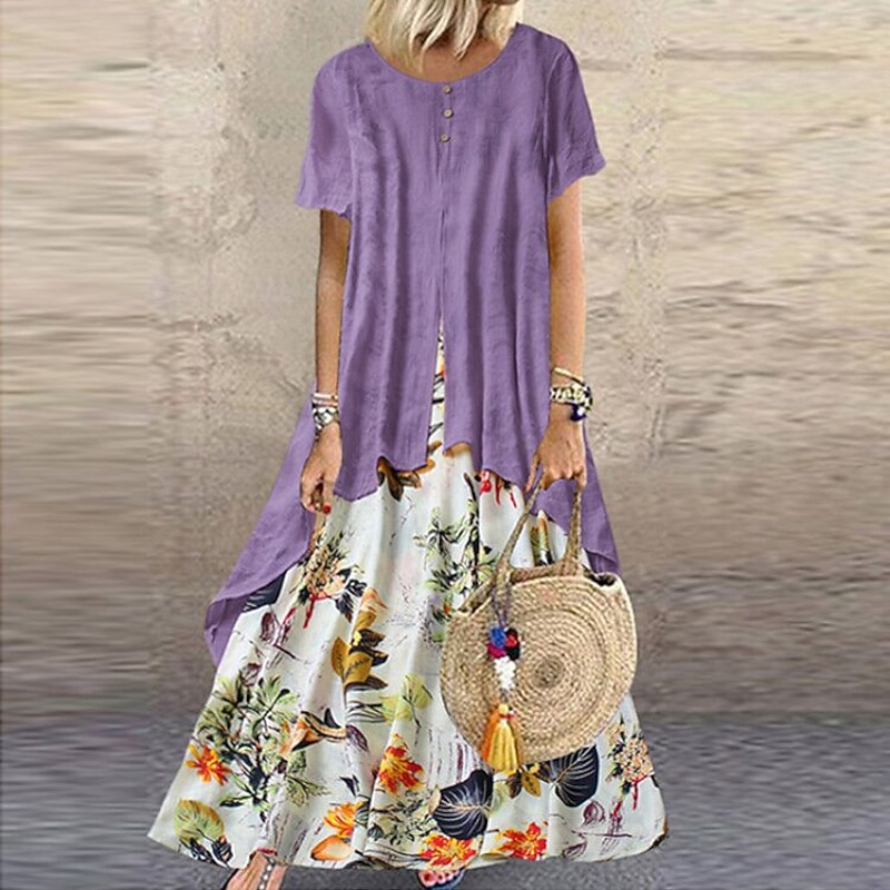 Women's Casual Dress Linen Dress Swing Dress Long Dress Maxi Dress Green Short Sleeve Floral Patchwork Summer Spring Crew Neck Fashion 2023 5XL2