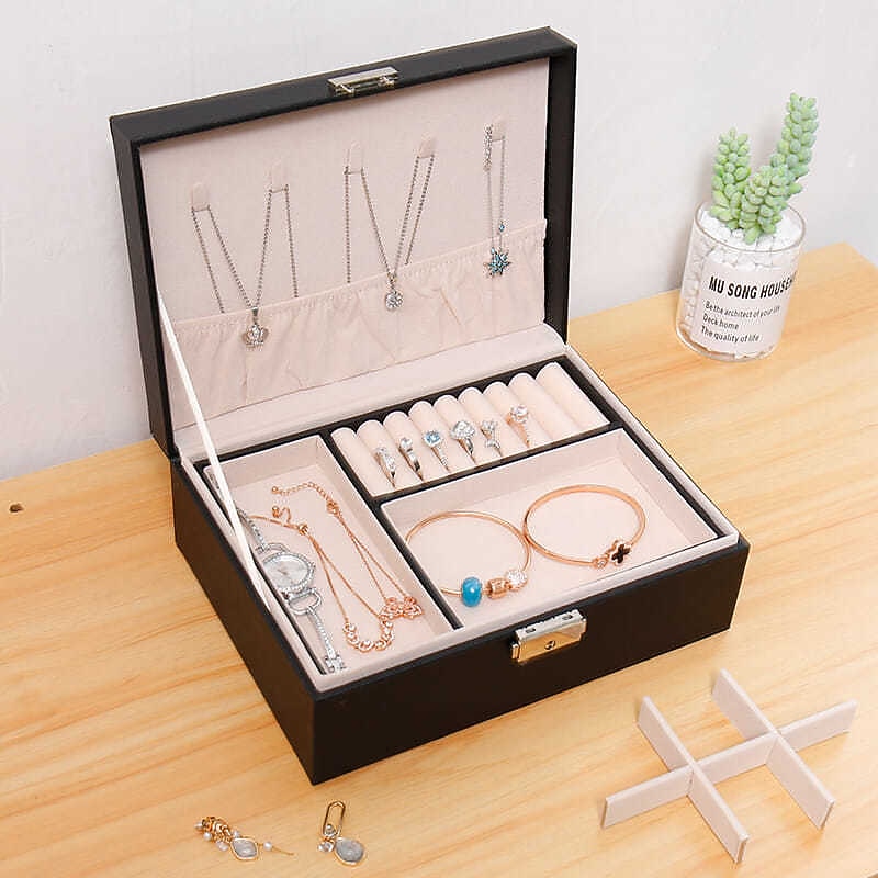 Lady PU Leather Jewelry Box Storage Box Earrings Bracelet Necklace Ring Display Case Double layer Portable Jewelry Organizer 23X17X9CM4