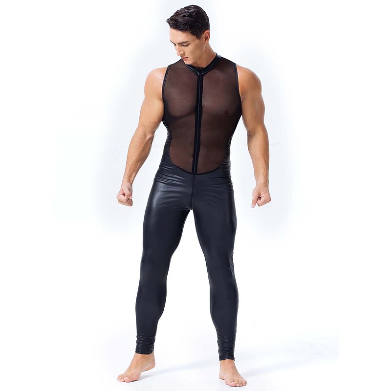 Dance Costumes Leotard / Onesie Split Joint Full Length Visible Zipper Men's Performance Theme Party Sleeveless Natural PU Mesh Sexy Perspective3