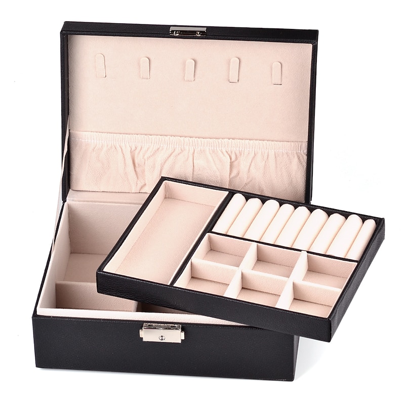 Lady PU Leather Jewelry Box Storage Box Earrings Bracelet Necklace Ring Display Case Double layer Portable Jewelry Organizer 23X17X9CM2