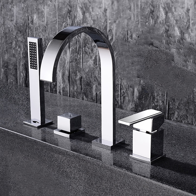 Bathtub Faucet Deck Mounted, Widespread Bathroom Faucet Bath Roman Tub Filler Mixer Tap Brass, 4 Hole 2 Handle Shower Sprayer with Cold Hot Water Hose3