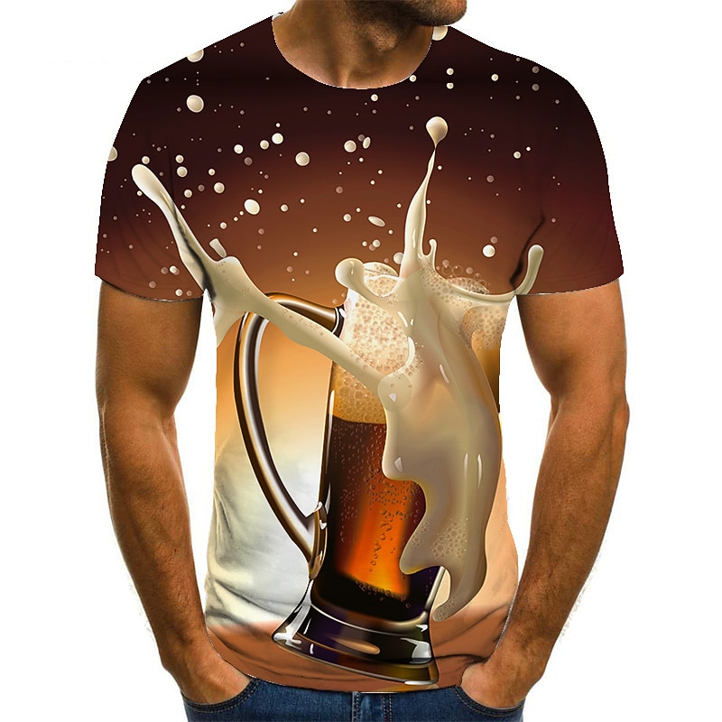 Men's Graphic Beer Shirt T Shirt Short Sleeve T shirt 3D Print Round Neck Shirt Streetwear Basic Daily Club Yellow Red Purple Summer Clothing Apparel Plus Size S M L XL 2XL 3XL