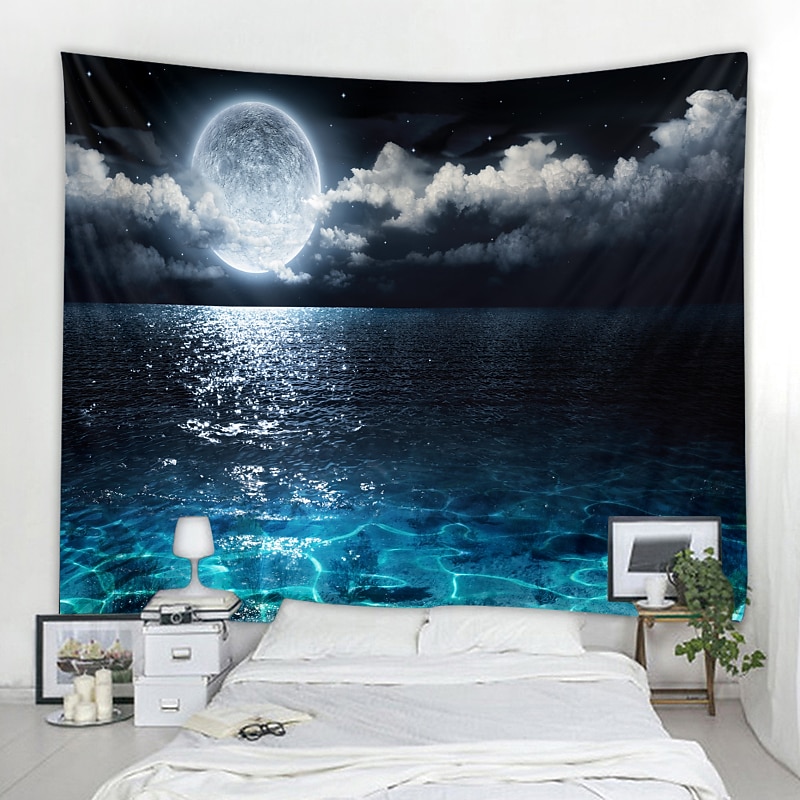 Moon Sea Sky Wall Tapestry Art Decor Blanket Curtain Picnic Tablecloth Hanging Home Bedroom Living Room Dorm Decoration Landscape Full Night Ocean Cloud Star3