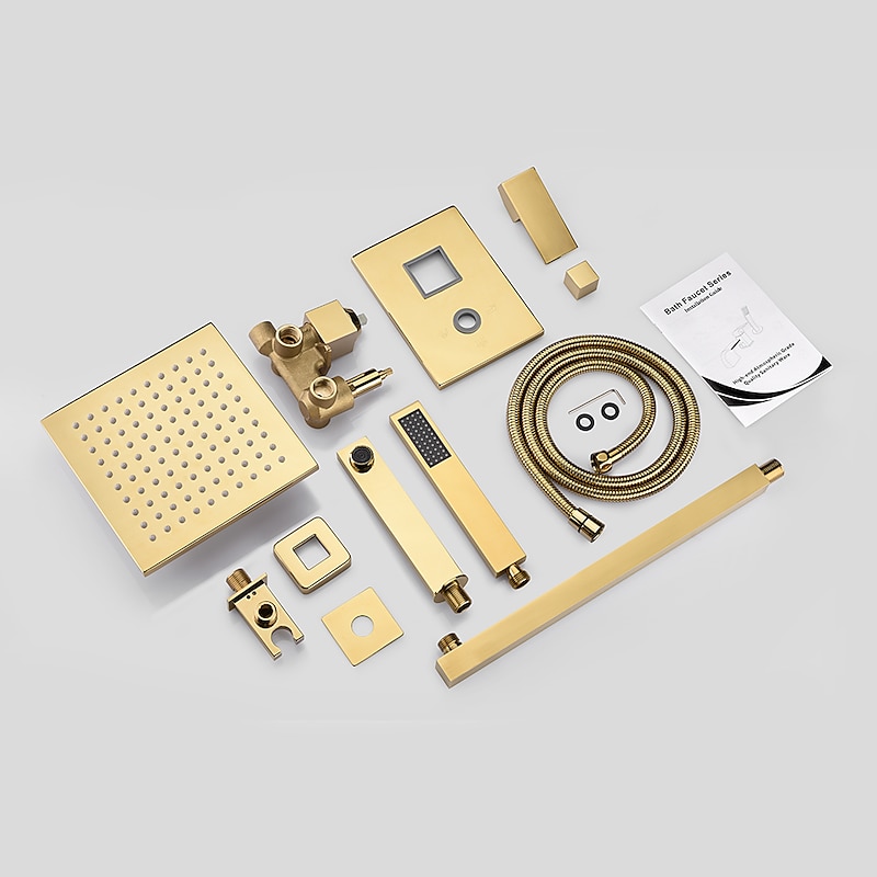 Shower Faucet,8 Inch Gold Shower Faucets Sets Complete with Stainless Steel Shower Head, Solid Brass Handshower, and Rotary Nozzle Wall Mounted Installation Rainfall Shower Head System3