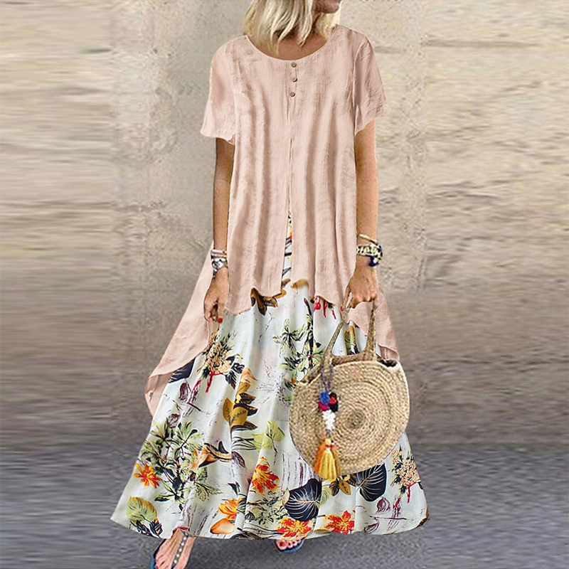 Women's Casual Dress Linen Dress Swing Dress Long Dress Maxi Dress Green Short Sleeve Floral Patchwork Summer Spring Crew Neck Fashion 2023 5XL3