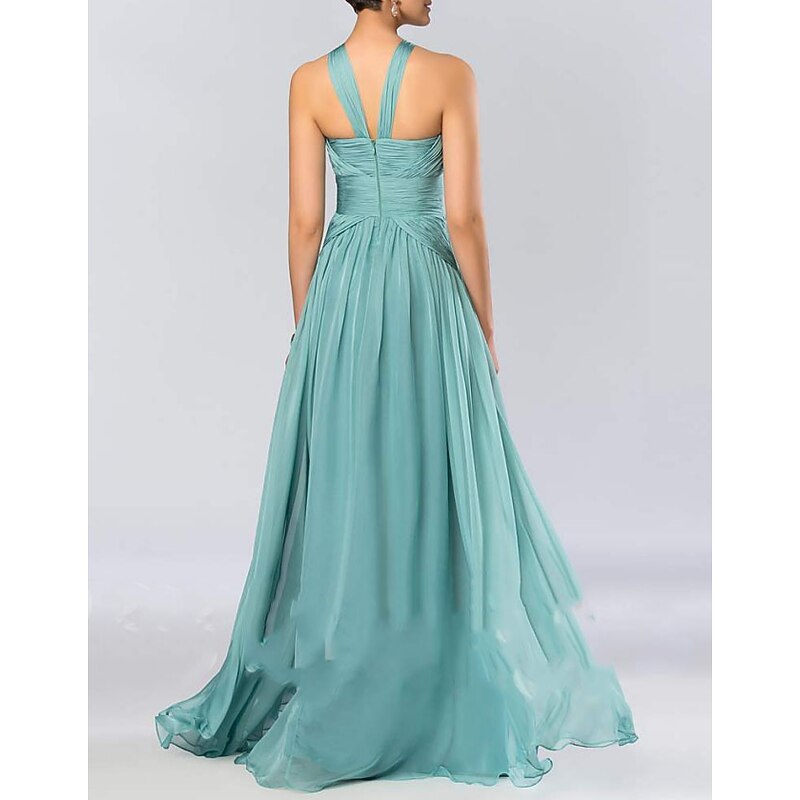 A-Line Bridesmaid Dress Halter Neck Sleeveless Elegant Floor Length Chiffon with Pleats / Draping 20223