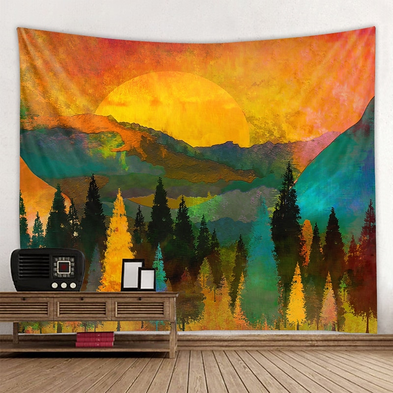 Mountain Sunrise Wall Tapestry Art Decor Blanket Curtain Picnic Tablecloth Hanging Home Bedroom Living Room Dorm Decoration Landscape Golden Sunset Forest Ink3