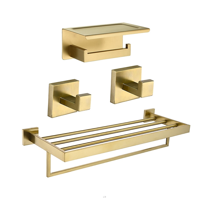 Bathroom Accessory Set,Brushed Golden Stainless Steel Wall Mounted Hardware Sets,Includeing 2 Robe Hooks, 1 Toilet Paper Holder,1 Towel Rack