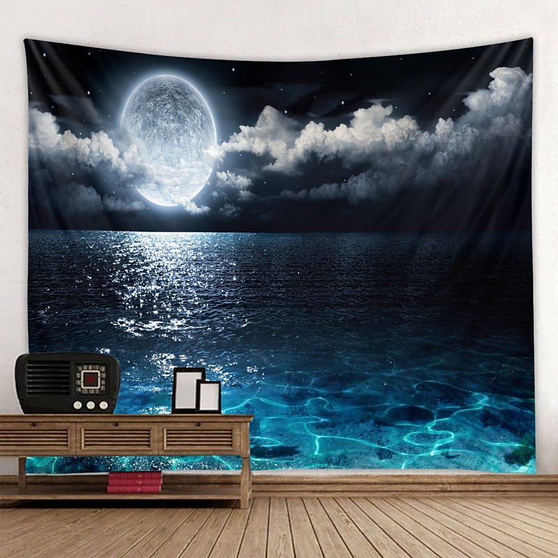 Moon Sea Sky Wall Tapestry Art Decor Blanket Curtain Picnic Tablecloth Hanging Home Bedroom Living Room Dorm Decoration Landscape Full Night Ocean Cloud Star2