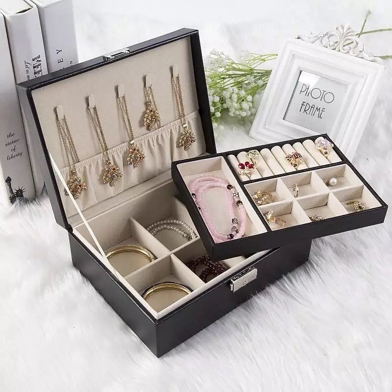 Lady PU Leather Jewelry Box Storage Box Earrings Bracelet Necklace Ring Display Case Double layer Portable Jewelry Organizer 23X17X9CM3
