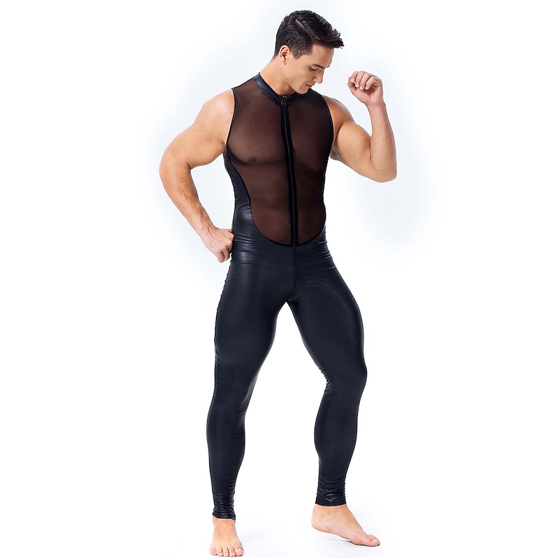 Dance Costumes Leotard / Onesie Split Joint Full Length Visible Zipper Men's Performance Theme Party Sleeveless Natural PU Mesh Sexy Perspective4