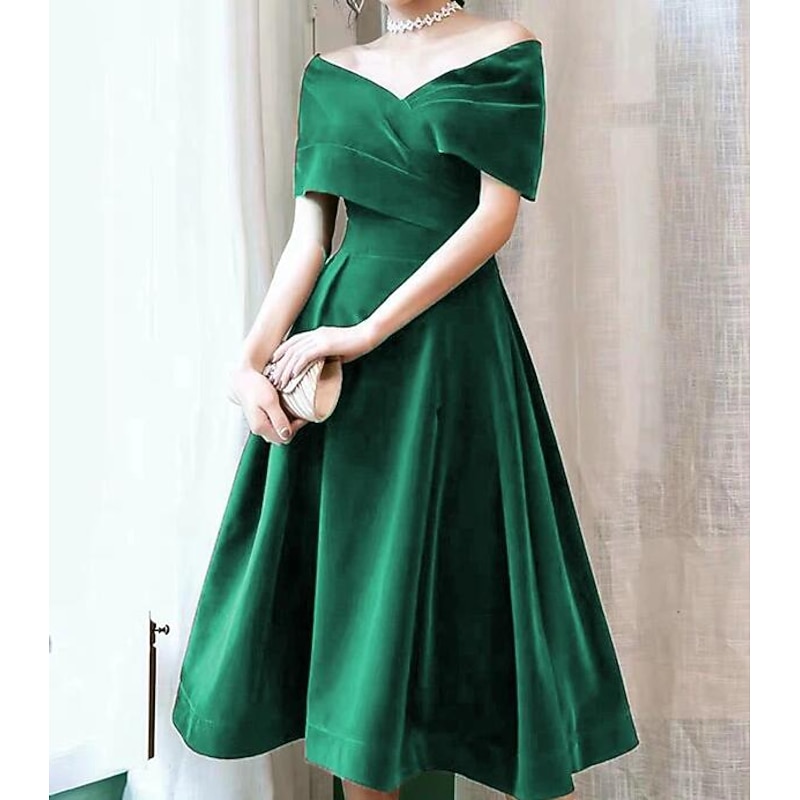 A-Line Cocktail Dresses Elegant Dress Wedding Guest Knee Length Short Sleeve Off Shoulder Velvet with Pleats Pure Color Dresses4