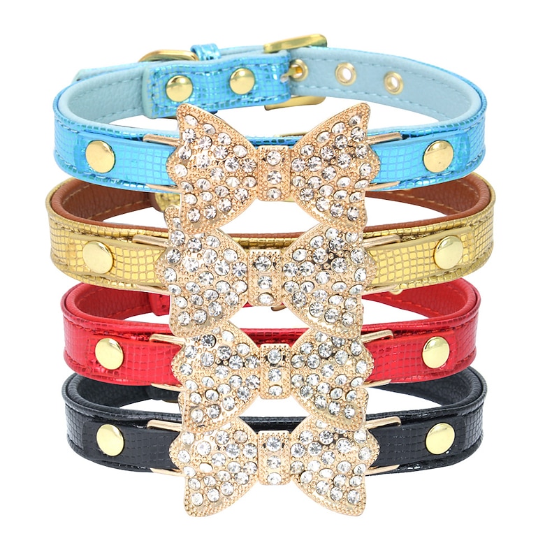 Cat Dog Collar Adjustable / Retractable Rhinestone Bowknot