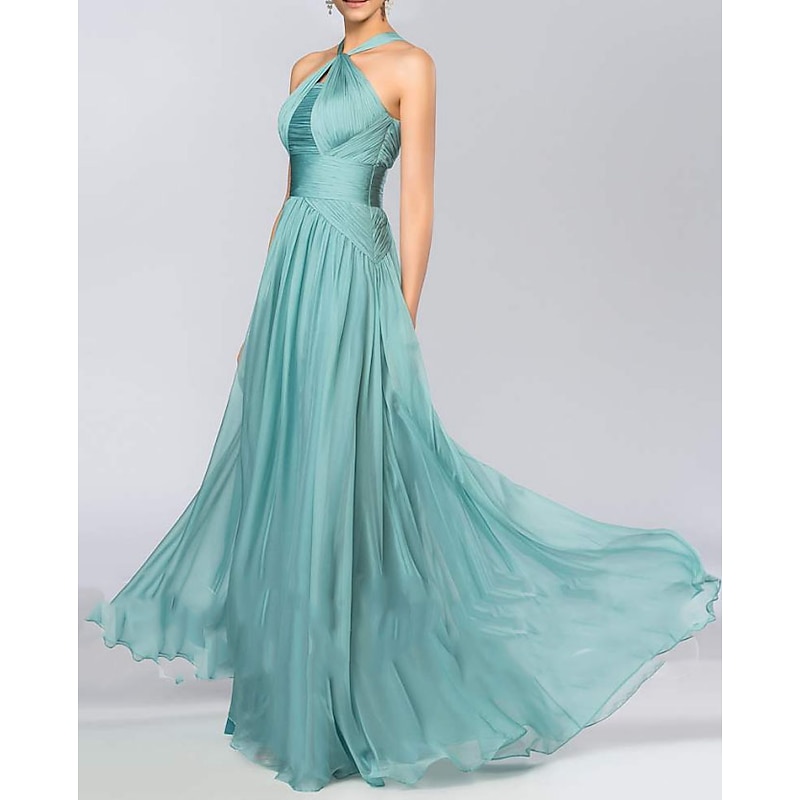 A-Line Bridesmaid Dress Halter Neck Sleeveless Elegant Floor Length Chiffon with Pleats / Draping 20222