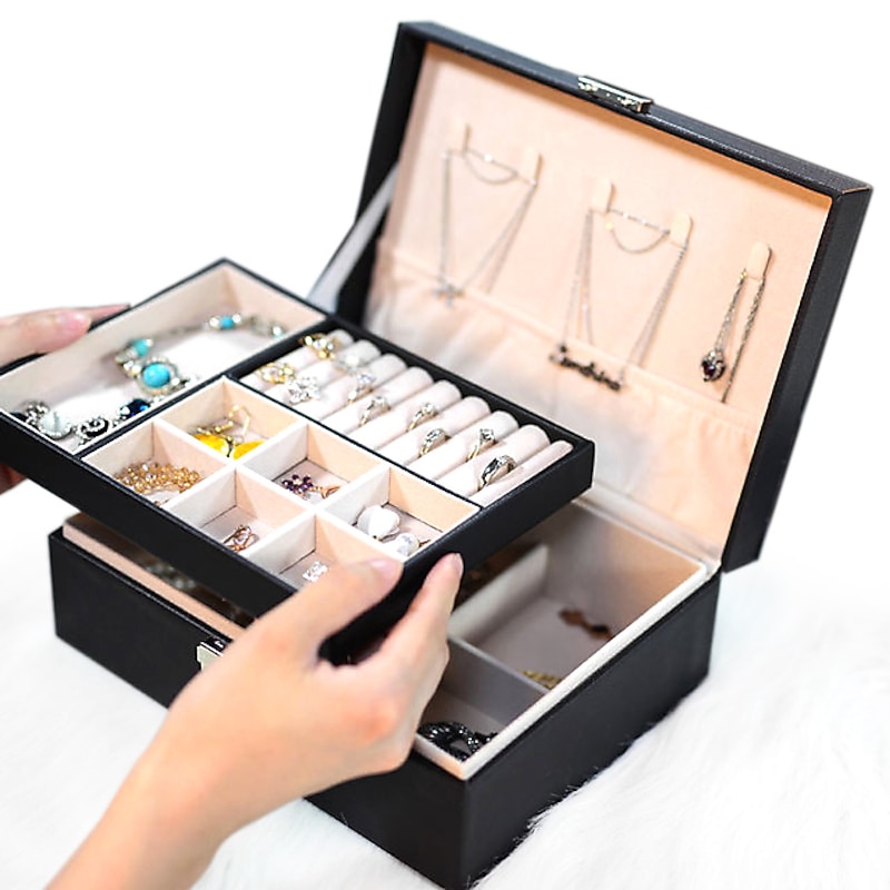 Lady PU Leather Jewelry Box Storage Box Earrings Bracelet Necklace Ring Display Case Double layer Portable Jewelry Organizer 23X17X9CM