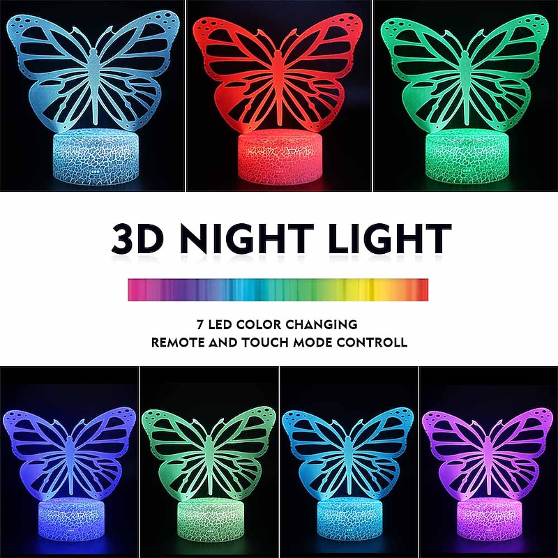 Butterfly 3D LED Night Light Lamps Optical Illusion Lamp 16 Colors Touch Xmas Decoration Lighting Table Desk Visual Lamp for Home Decoration and Kiddie Kids Children Family Holiday GIFS (Butterfly)3