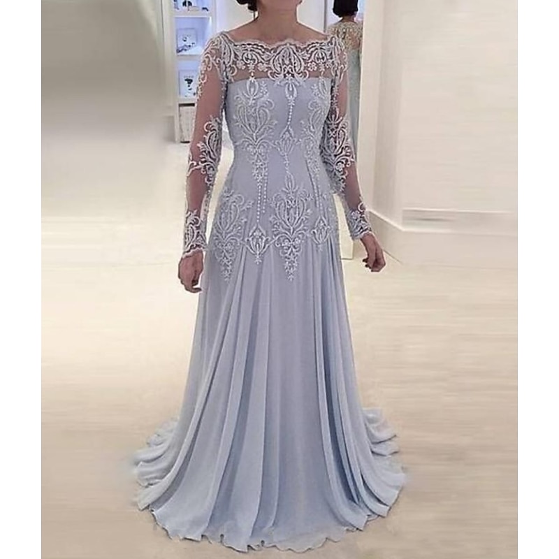 A-Line Mother of the Bride Dress Wedding Guest Elegant Scalloped Neckline Sweep / Brush Train  Long Sleeve with Pleats Appliques