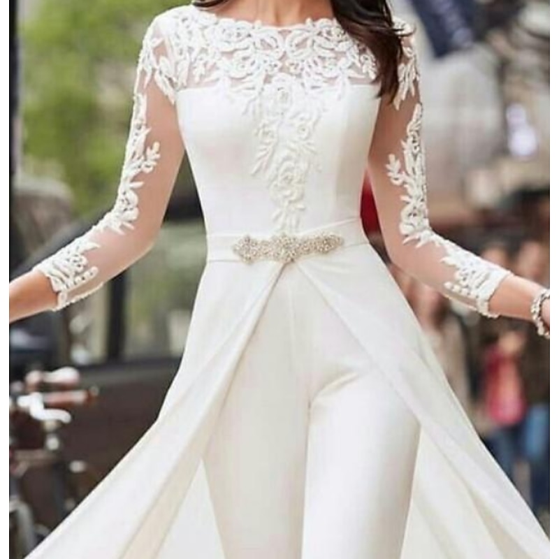 Hall Simple Wedding Dresses Casual Jumpsuits With Overskirts Illusion Neck Long Sleeve Floor Length Lace Bridal Gowns With Sashes / Ribbons Crystals dress to impress stretch dress4
