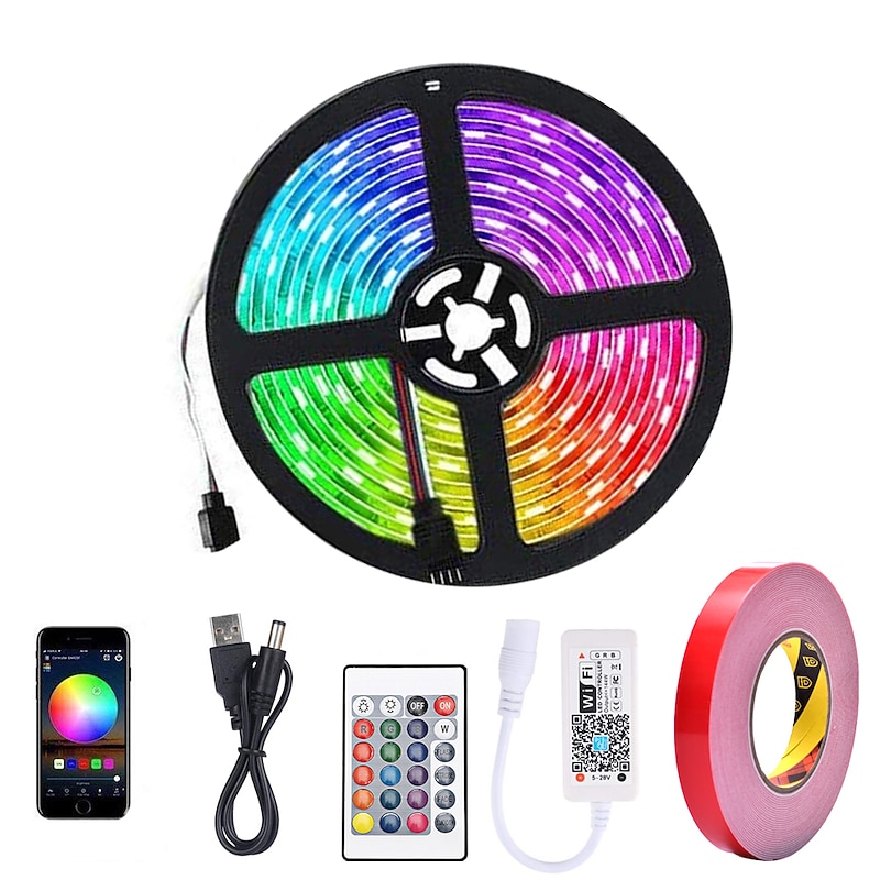 5m 16.4ft Smart LED RGB Strip Light 150 LEDs 5050 SMD TV Backlight Home Décor Work with Alexa Google 10mm 24Keys Remote Controller DC Cables WiFi App Control USB Self-adhesive 5V USB Powered2