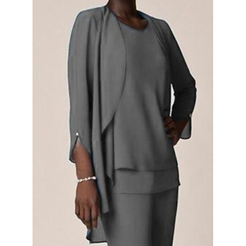 3 piece Pantsuit Mother of the Bride Wedding Guest Elegant V Neck Floor Length Chiffon 3/4 Length Sleeve with Ruffles3