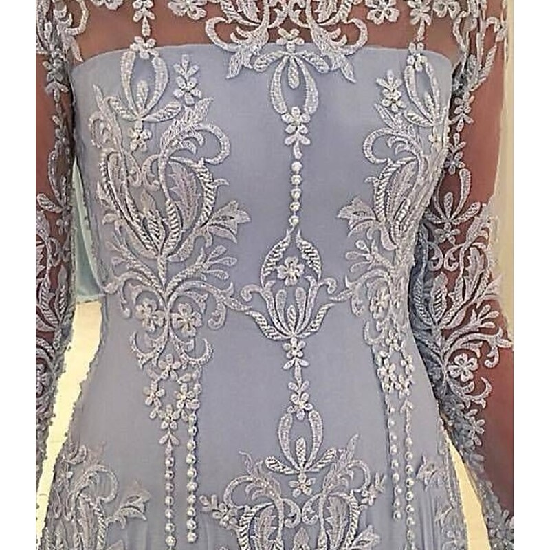 A-Line Mother of the Bride Dress Wedding Guest Elegant Scalloped Neckline Sweep / Brush Train  Long Sleeve with Pleats Appliques3