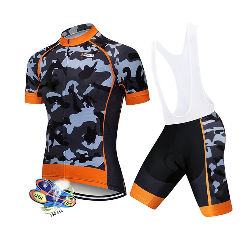 Men's Cycling Jersey with Bib Shorts Short Sleeve Mountain Bike MTB Road Bike Cycling Black White Red Patchwork Camo / Camouflage Bike Clothing Suit UV Resistant 3D Pad Breathable Quick Dry Back2