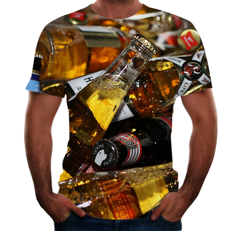 Men's Color Block 3D Beer T Shirt Short Sleeve T shirt Round Neck Shirt Basic Going out Weekend Rainbow Clothing Apparel Plus Size S M L XL 2XL 3XL 4XL