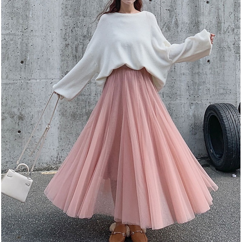 Women's Skirt & Dress Swing Tutu Long Skirt Maxi Skirts Pleated Layered Tulle Solid Colored Street Prom Summer Elegant Vintage Black Pink Khaki Beige